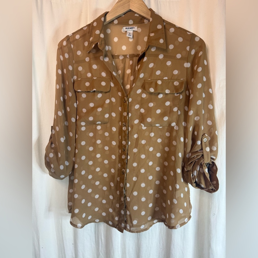 Old Navy Tan Polka Dot Button Down Shirt